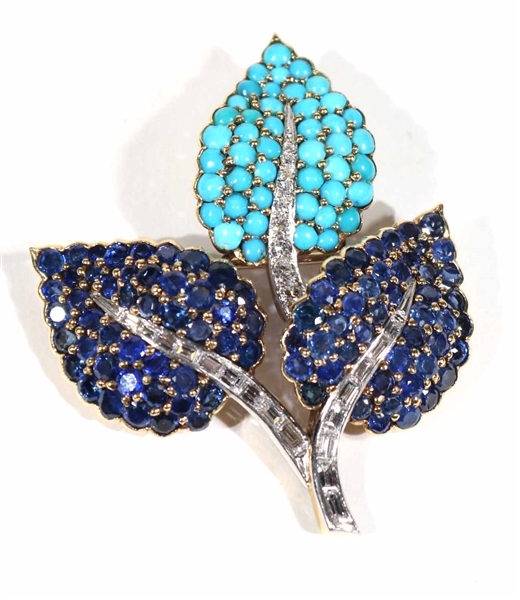 Gold Platinum Diamond Turquoise Sapphire Leaf Pin