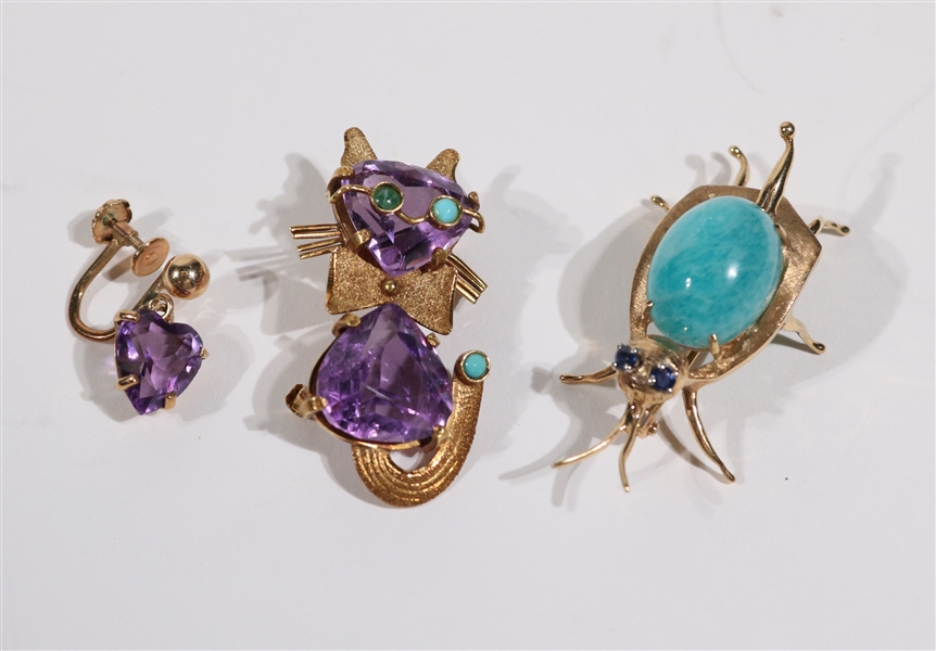 18K Yellow Gold Amethyst Turquoise Cat Brooch