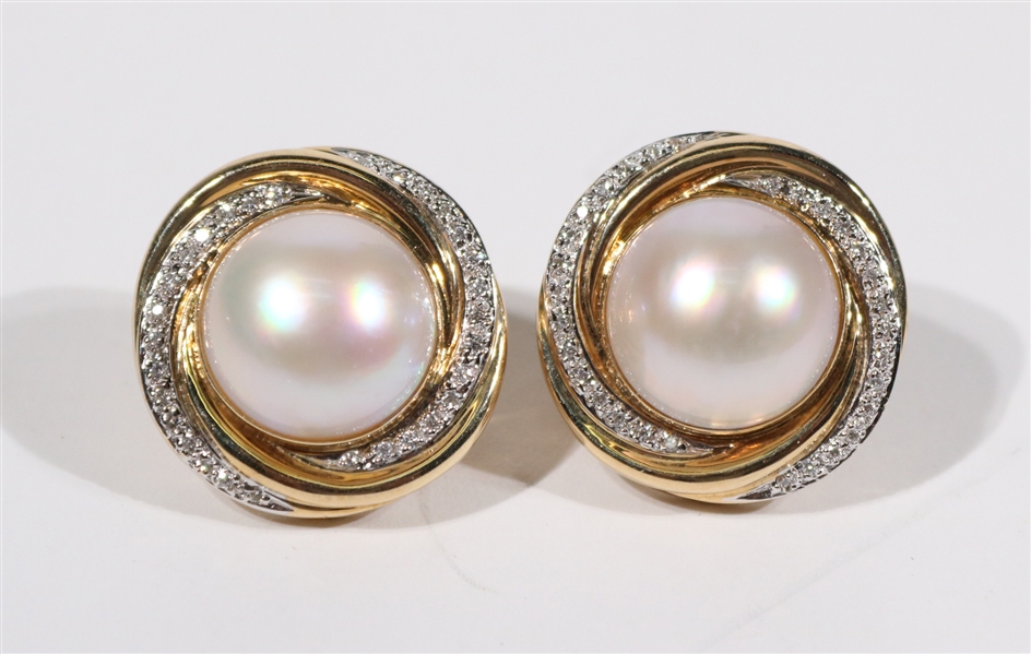 Pair 14K Yellow Gold Mabe Pearl Diamond Earrings