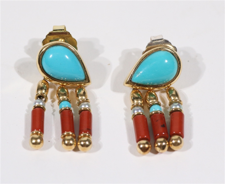 Pair 18K Yellow Gold Turquoise Coral Earrings