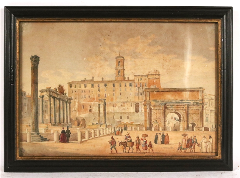 Watercolor on Paper, View of Figures in Rome