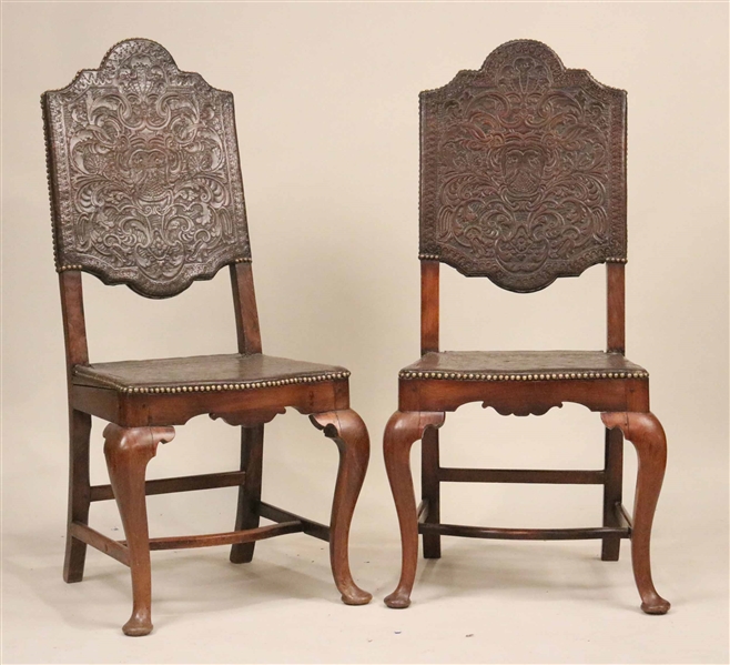 Pair of Queen Anne Embossed Leather Side Chairs