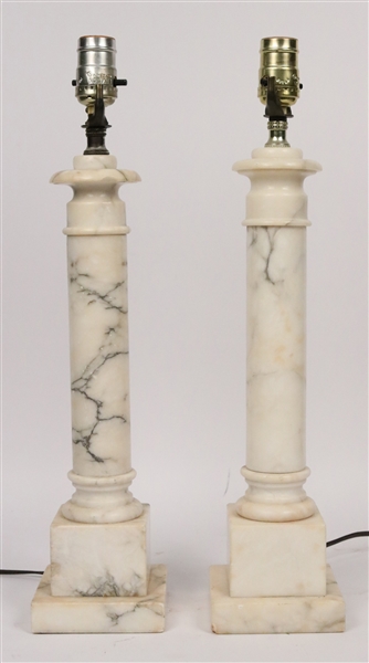 Pair of Carrera Marble Columnar Table Lamps
