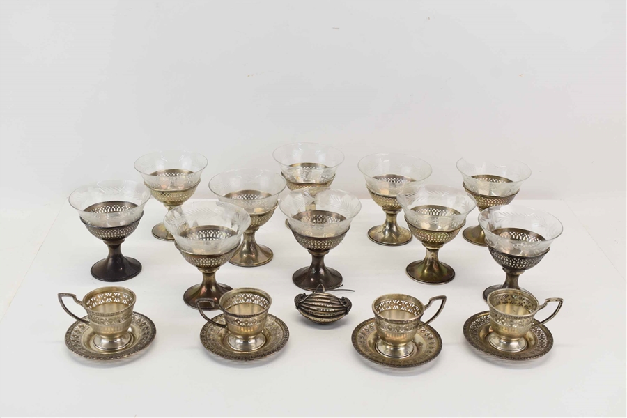 Ten Sterling Silver and Glass Dessert Footed Cups