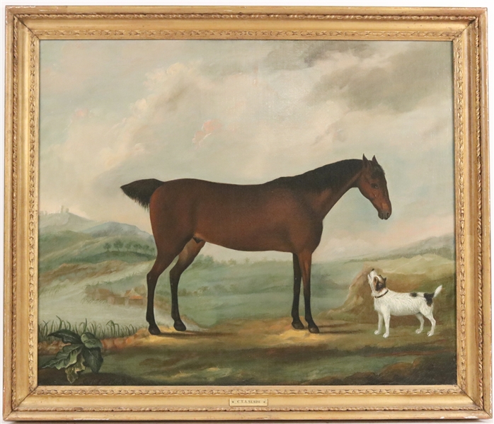 Oil on Canvas, Portrait of a Bay Horse & Terrier