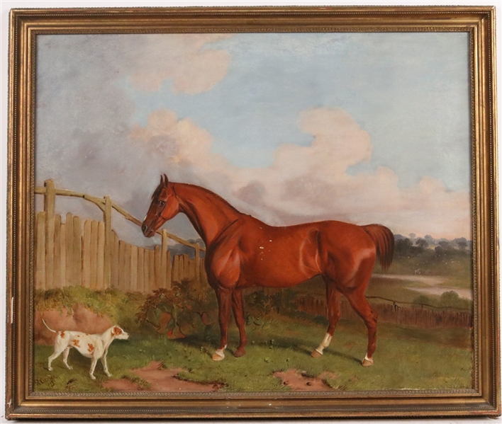 Oil on Canvas, Portrait of Chestnut Horse and Dog