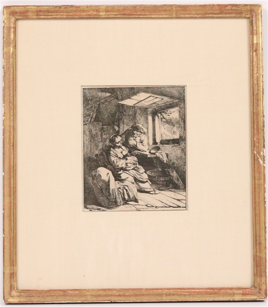 Engraving, Mother, Infant, and Father in Interior