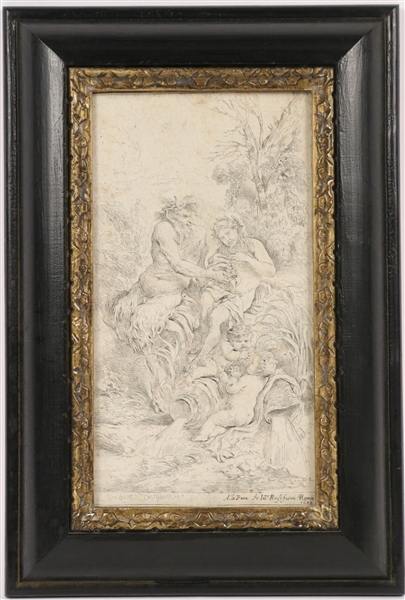 Old Master Engraving, Pan and Nymph with Putti