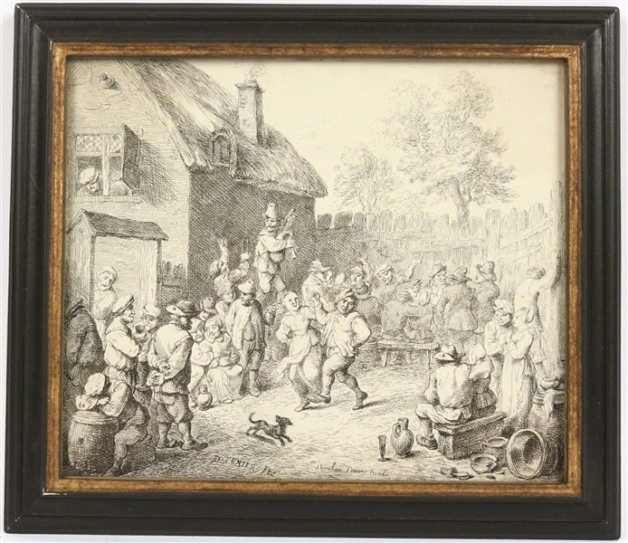 Old Master Engraving, Peasants Dancing in Village