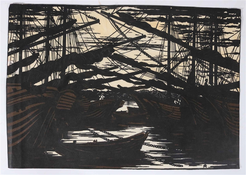 Woodblock Print on Rice Paper, Ships at Dock