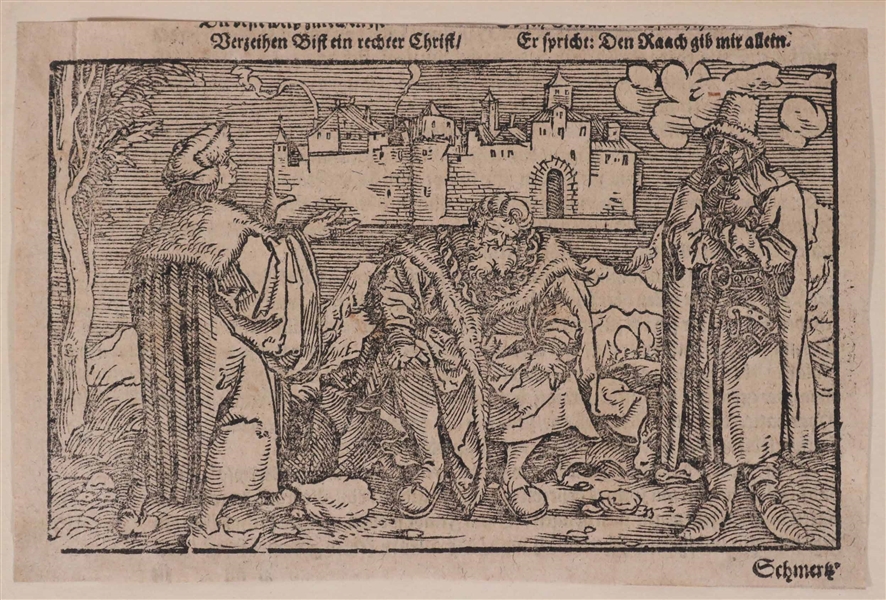 Old Master Woodblock Print, Figures with Castle