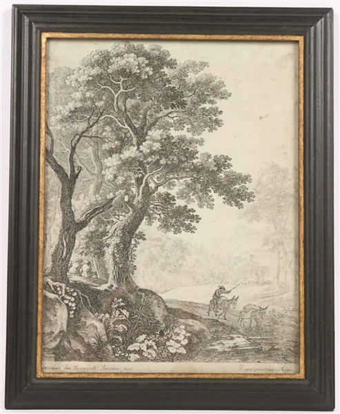 Old Master Etching, Forest Scene with a Couple