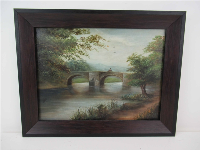 A.W. Baker Oil on Canvas Fishing off a Bridge