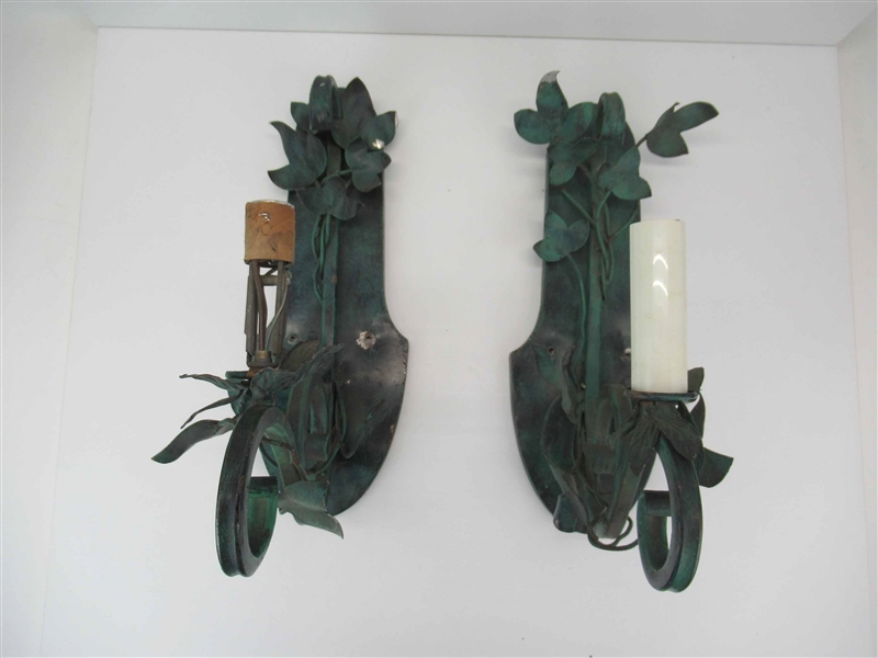 Pair of Metal Leaf Decorated Wall Sconces 