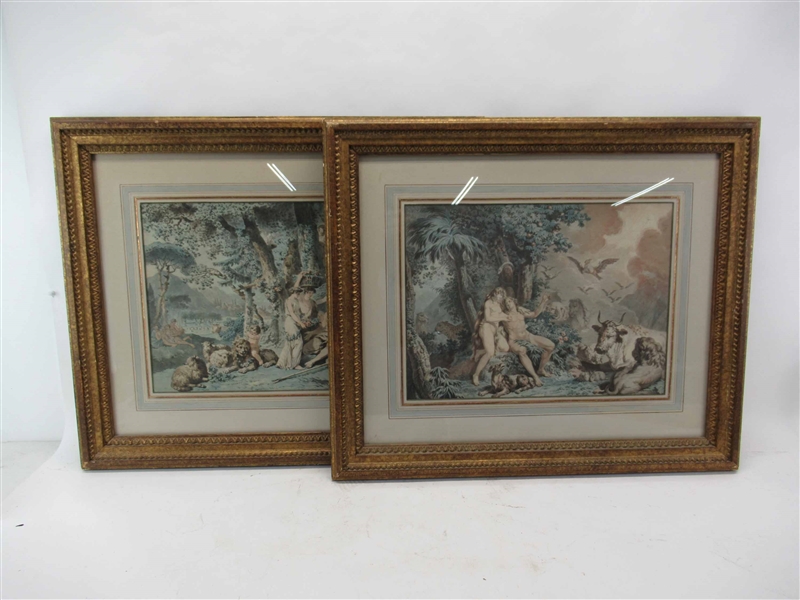 Antique Pair of 18th C. French Colored Etchings