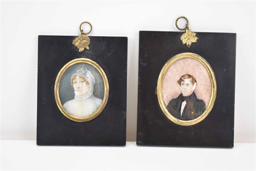 Two Antique Portrait Miniatures of Man and Woman 