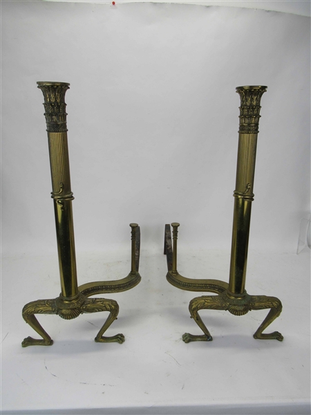 Pair of Neoclassical Column Form Brass Andirons