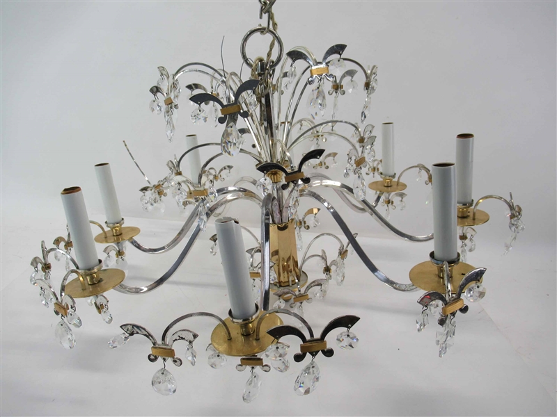 Chrome, Brass, and Crystal Eight-Light Chandelier