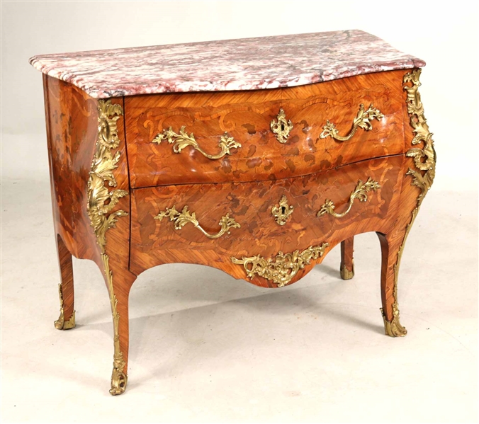 Louis XV Marble Top Marquetry Inlaid Commode