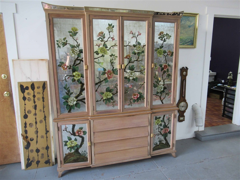 Reverse Painted Mirrored Breakfront China Cabinet