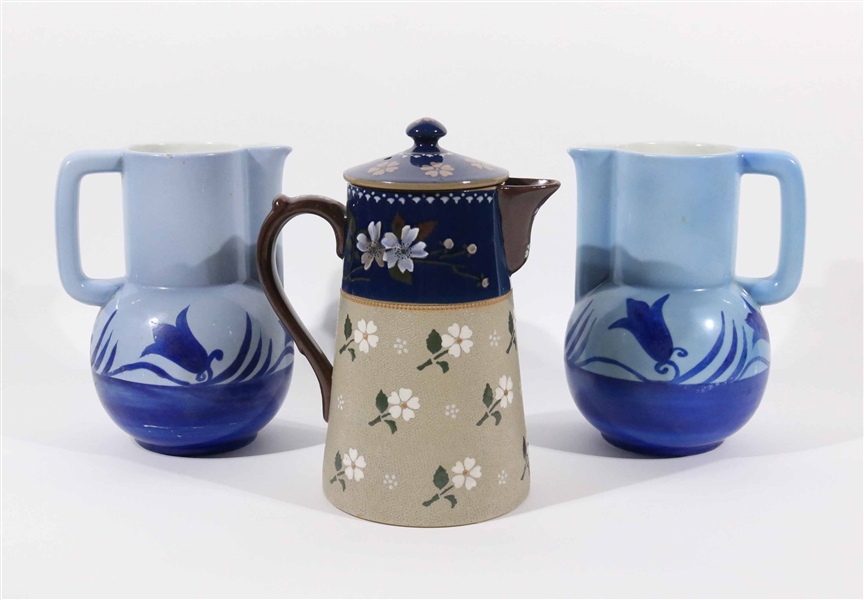 Two English Blue Tulip Decorated Pitchers