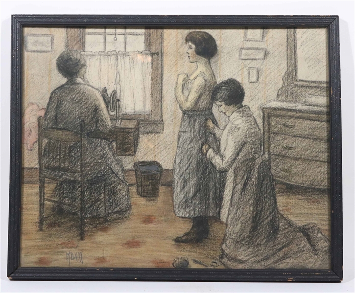 Drawing on Paper, Interior with Women Sewing