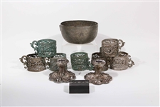 Indian Silver Bowl and Eight Mug Holders