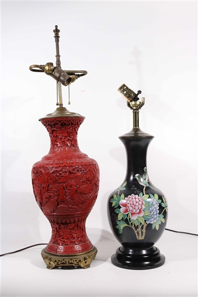 Chinese Cinnabar Vase, Fitted as a Lamp