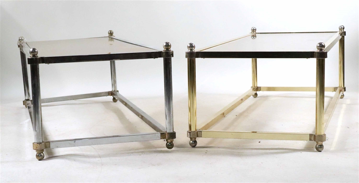 Two Modern Brass and Chrome Glass Top Low Tables
