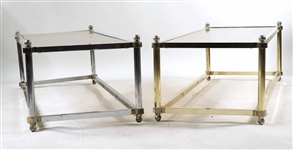 Two Modern Brass and Chrome Glass Top Low Tables