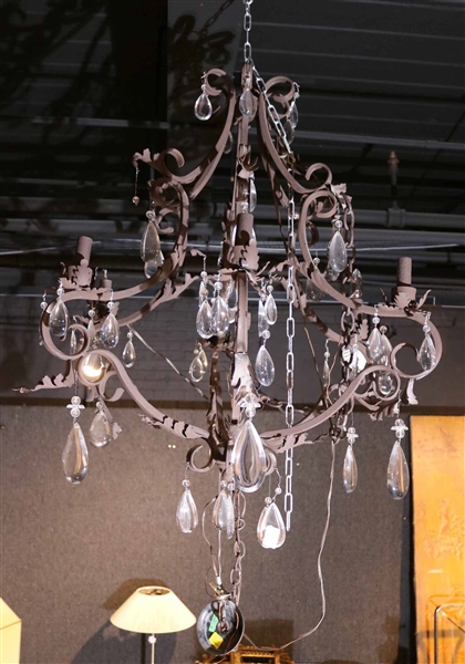 Patinated Metal and Crystal Six-Light Chandelier