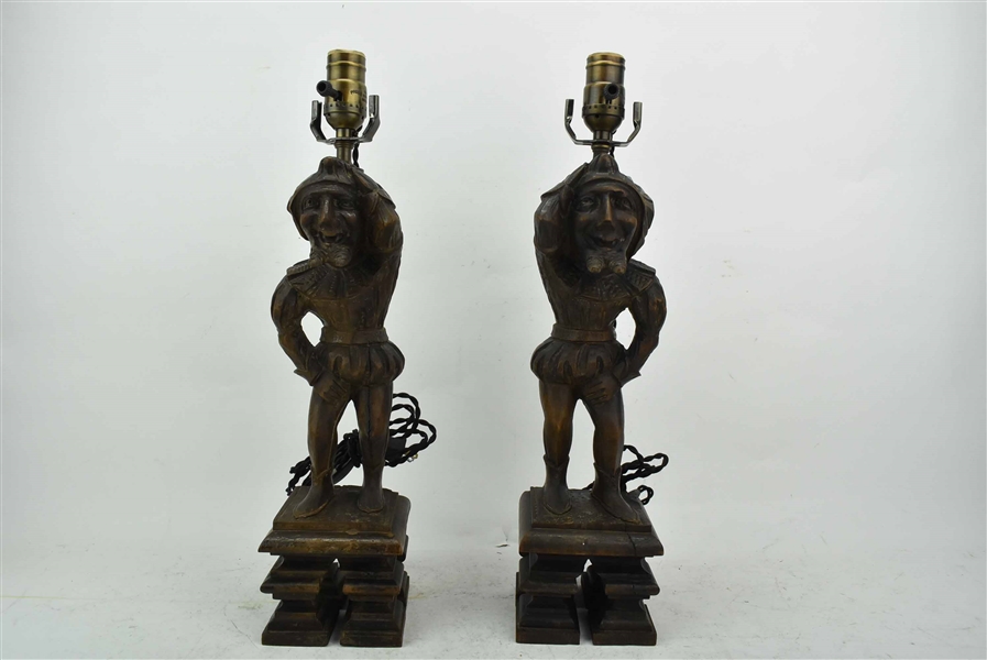 Pair of Carved Wood Jesters Mounted as Lamps