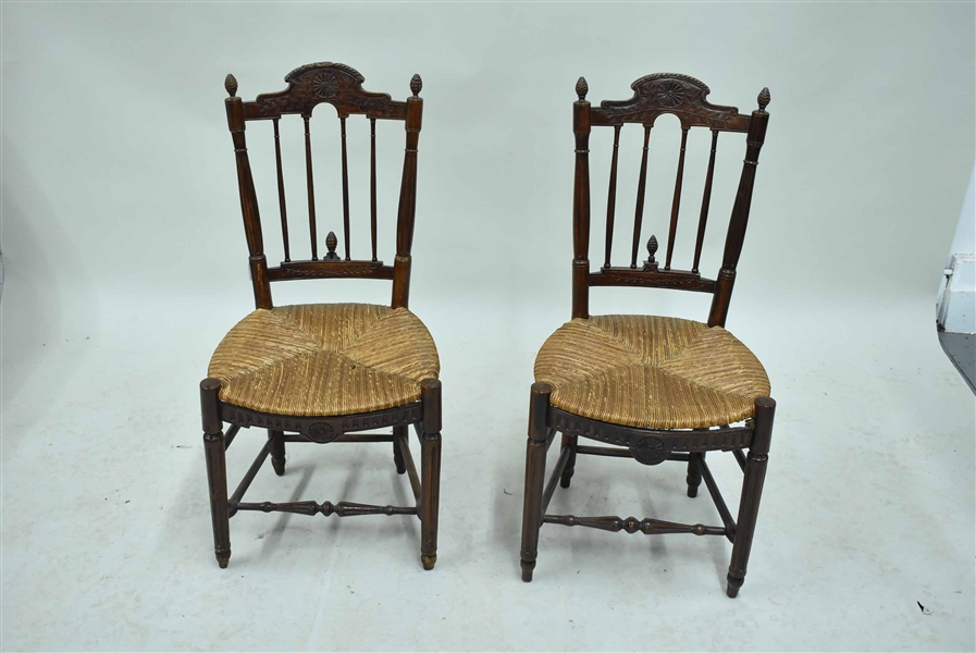 Pair of Carved Walnut Rush Seat Side Chairs