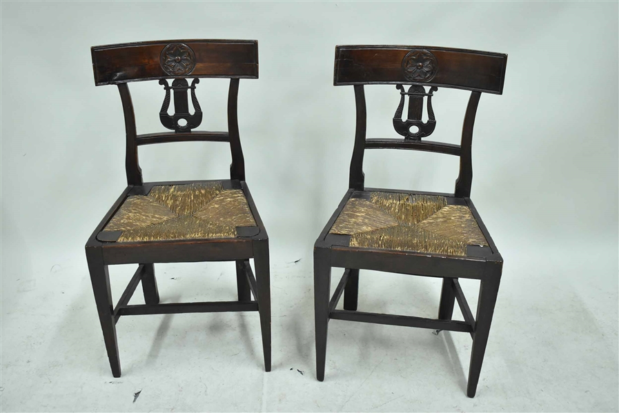 Pair of Carved Mahogany Rush Seat Side Chairs
