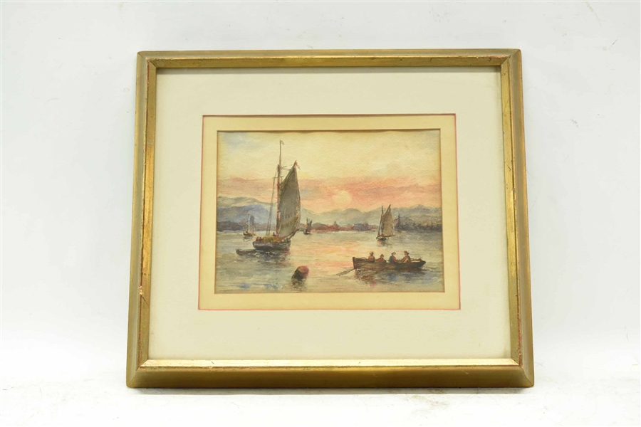 Watercolor on Paper of Boats Near Shore at Sunset