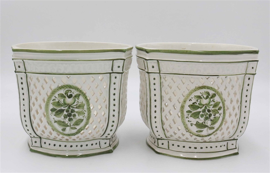 Pair of Italian Faience Reticulated Cache Pot