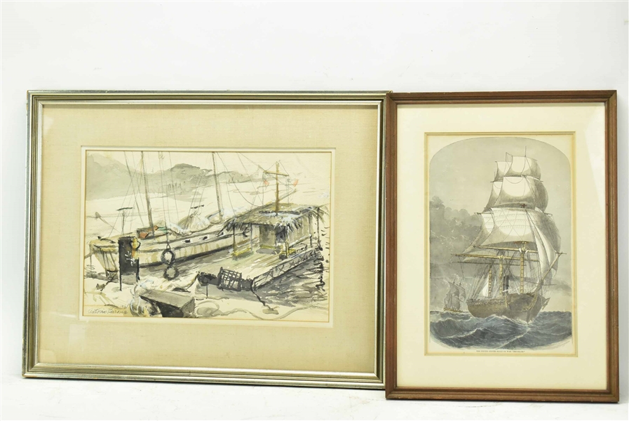 Water Color on Paper of Docked Ships