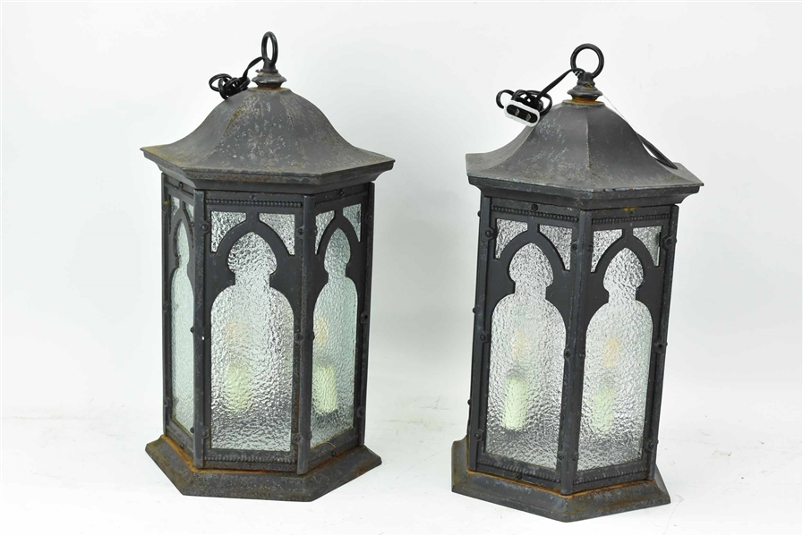 Pair of Black-Painted Iron Hexagonal Lanterns
