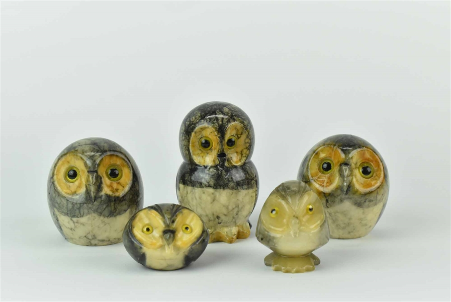 Five Italian Alabaster Carved Owls