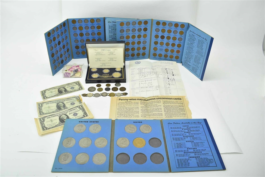 Group of Assorted Coins, Stamps & Paper Currency 