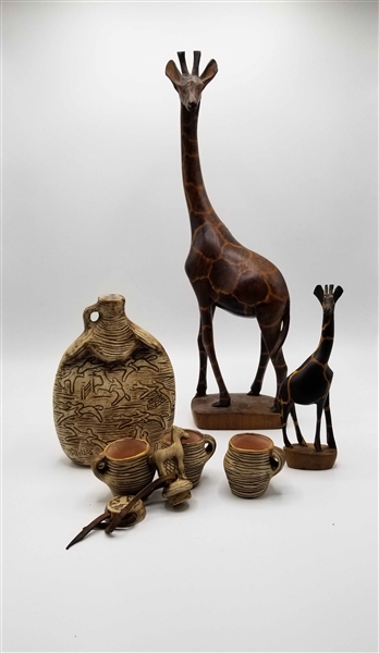 Ceramic Canteen & Hand Carved Wood Giraffes 