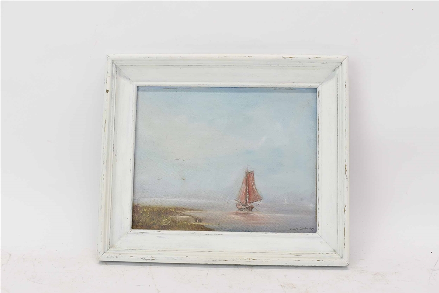 Oil on Board of Sailing Ship in Marsh