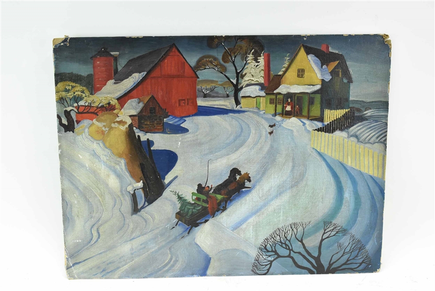 Folk Art Style Oil on Board of Winter Landscape. 