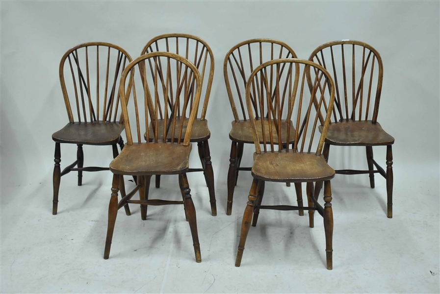 Set of Six Antique Yew Wood Braceback Chairs.