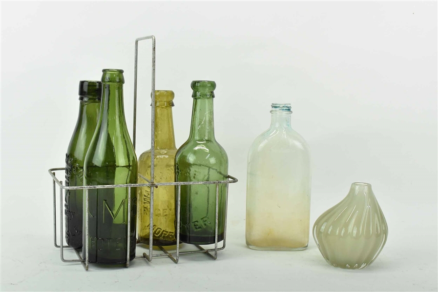 4 Vintage Green Glass Beer Bottles
