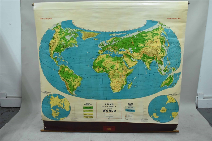 Vintage Crams Physical Political Map of the World