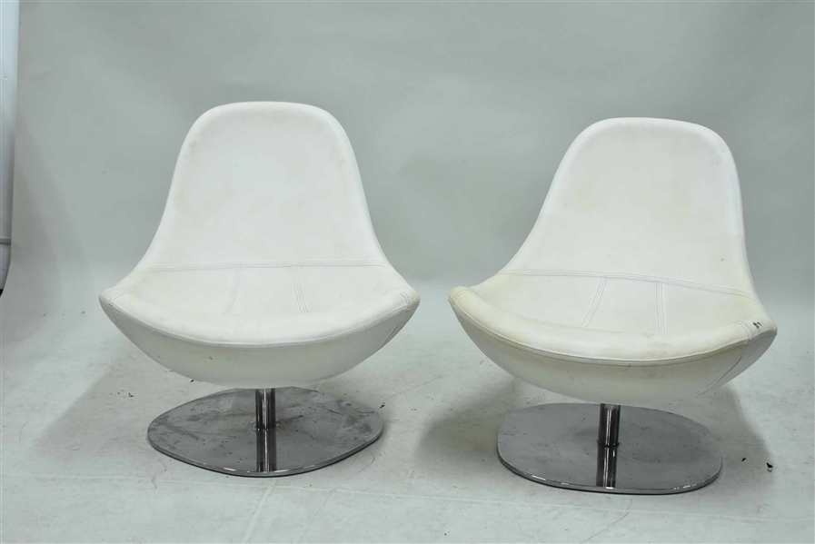 Pair of White Leather Bucket Seat Swivel Chairs