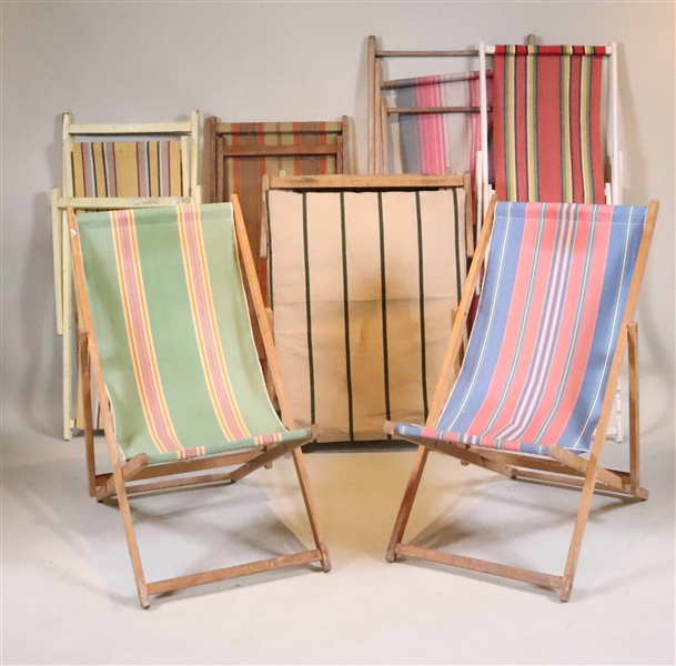 Seven Vintage Canvas Stripped Beach Chairs
