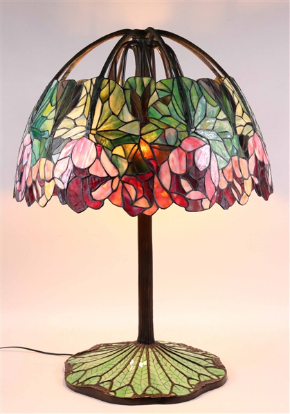 Stained Glass Red Lotus Style Lamp, after Tiffany