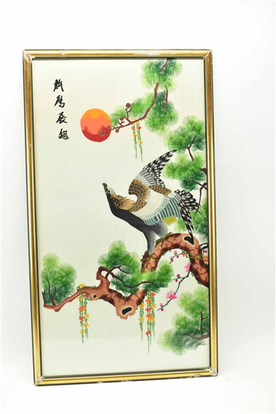 Japanese Embroidery of Eagle Perched on Pine Tree